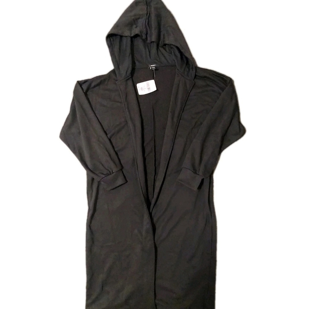 Forever 21 Black Hooded Open Front Cardigan Longline Duster Robe Coat M